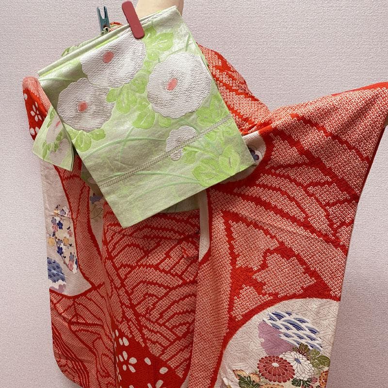 501aj64◎振袖＆袋帯 部分絞り 金駒刺繍 成人式 結婚式 十三参り◎