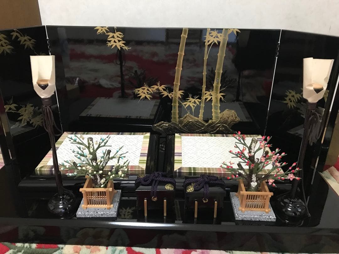 初代石川潤平 木目込　雛人形 鶴亀雛 本金蒔絵黒屏風