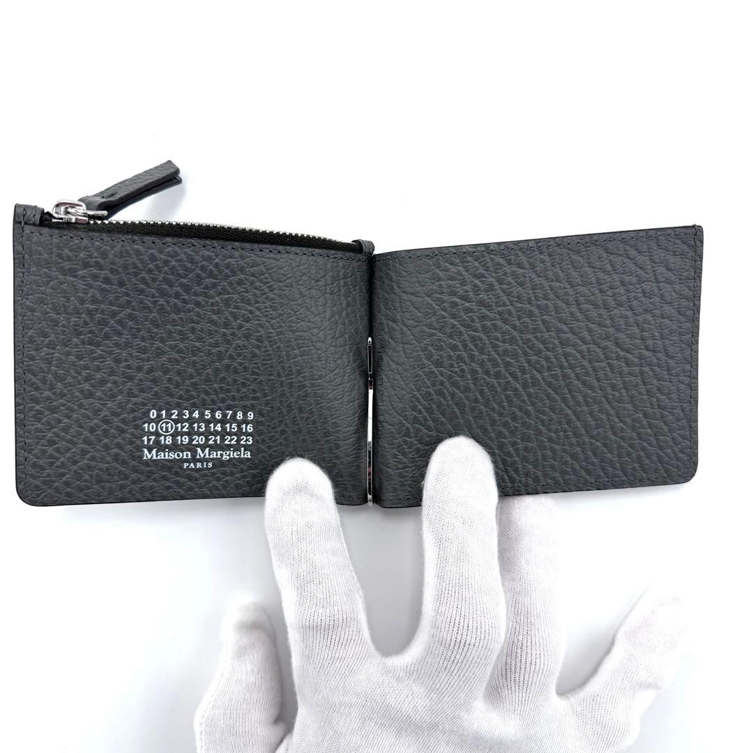 超美品☆メゾンマルジェラ 4ステッチ マネークリップ 小銭入れ付 グレー シボ革