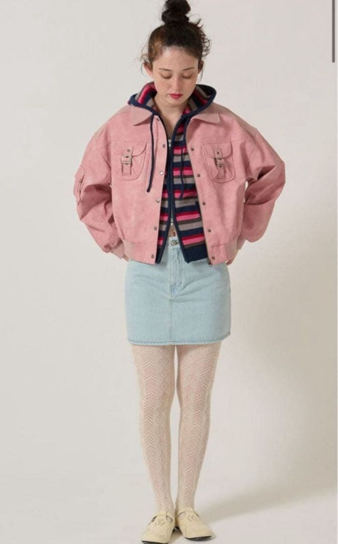 リブ ドッキング フェイクレザーブルゾン TINA：JOJUNピンク