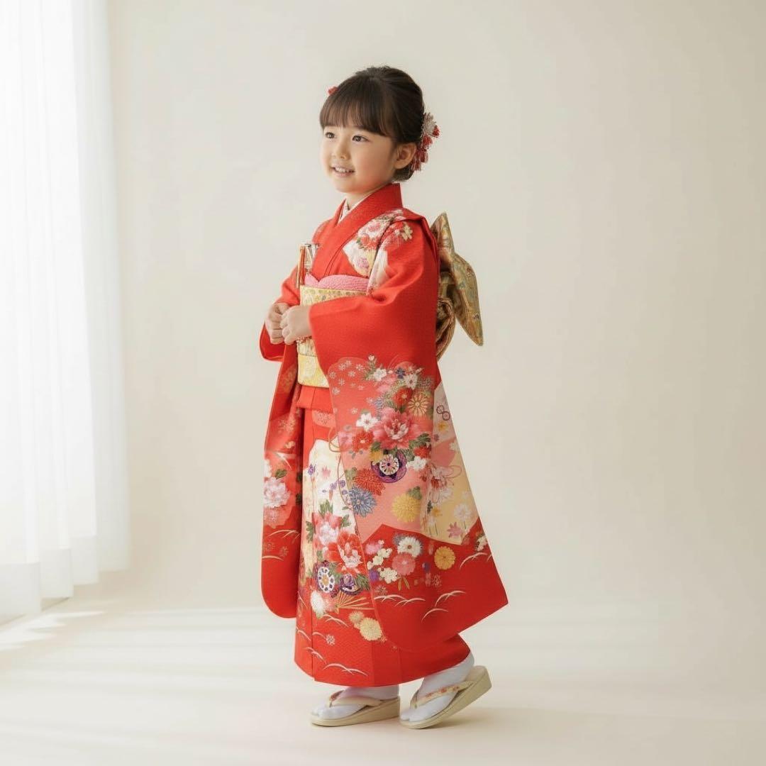 ◎mk-3497　七五三　女の子　着物・襦袢・帯揚げセット　3歳　　12-15