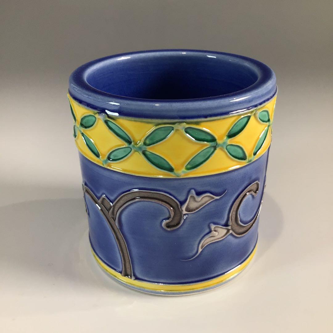 Ｐ６６３　蓋置　『谷口翠雲造』『紺青交趾』『七宝唐草文』　共箱　茶道具