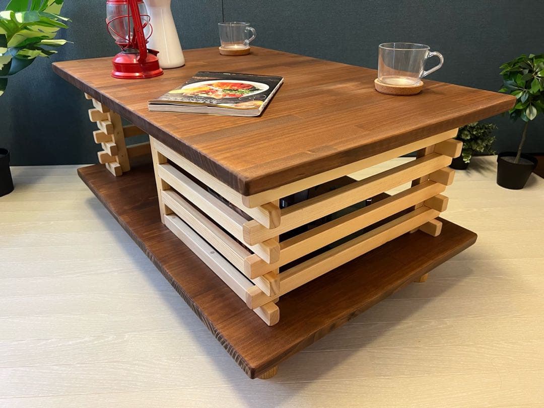 【送料無料】 ローテーブル 和風 木組格子形 90cm パイン ウォルナット