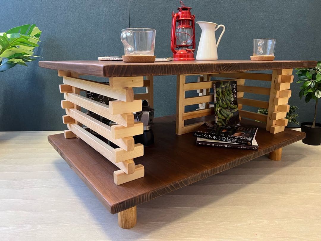 【送料無料】 ローテーブル 和風 木組格子形 90cm パイン ウォルナット