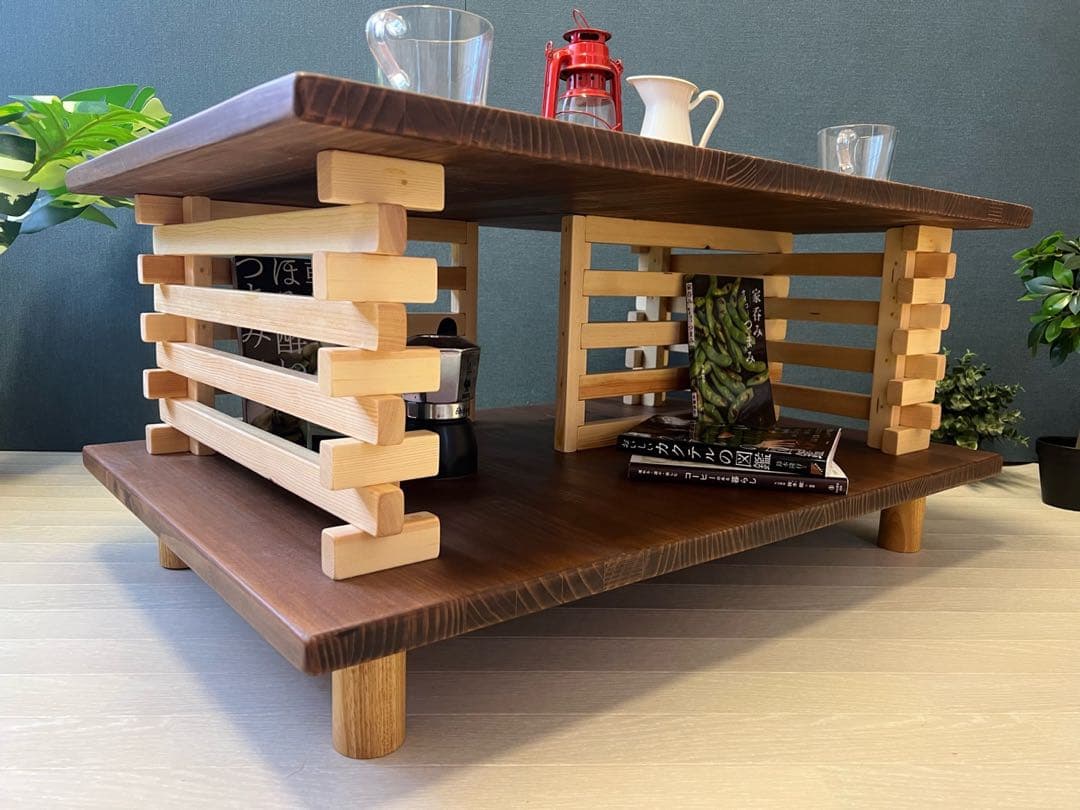 【送料無料】 ローテーブル 和風 木組格子形 90cm パイン ウォルナット