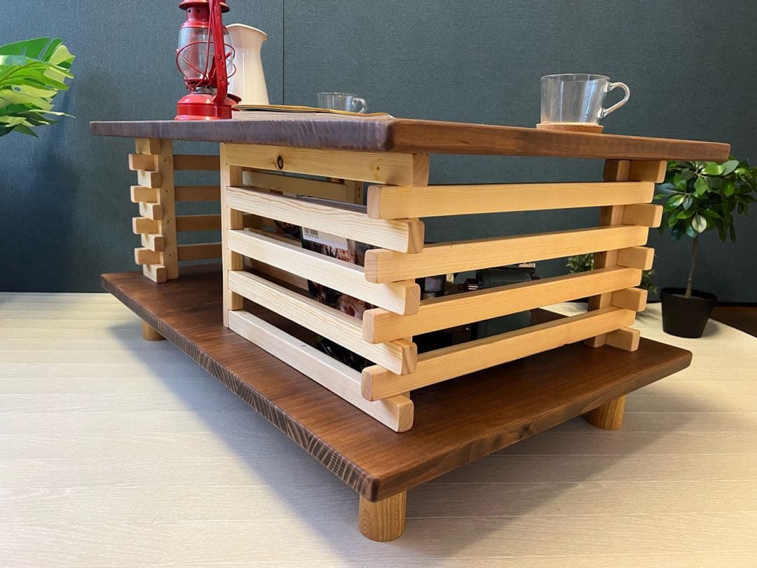 【送料無料】 ローテーブル 和風 木組格子形 90cm パイン ウォルナット