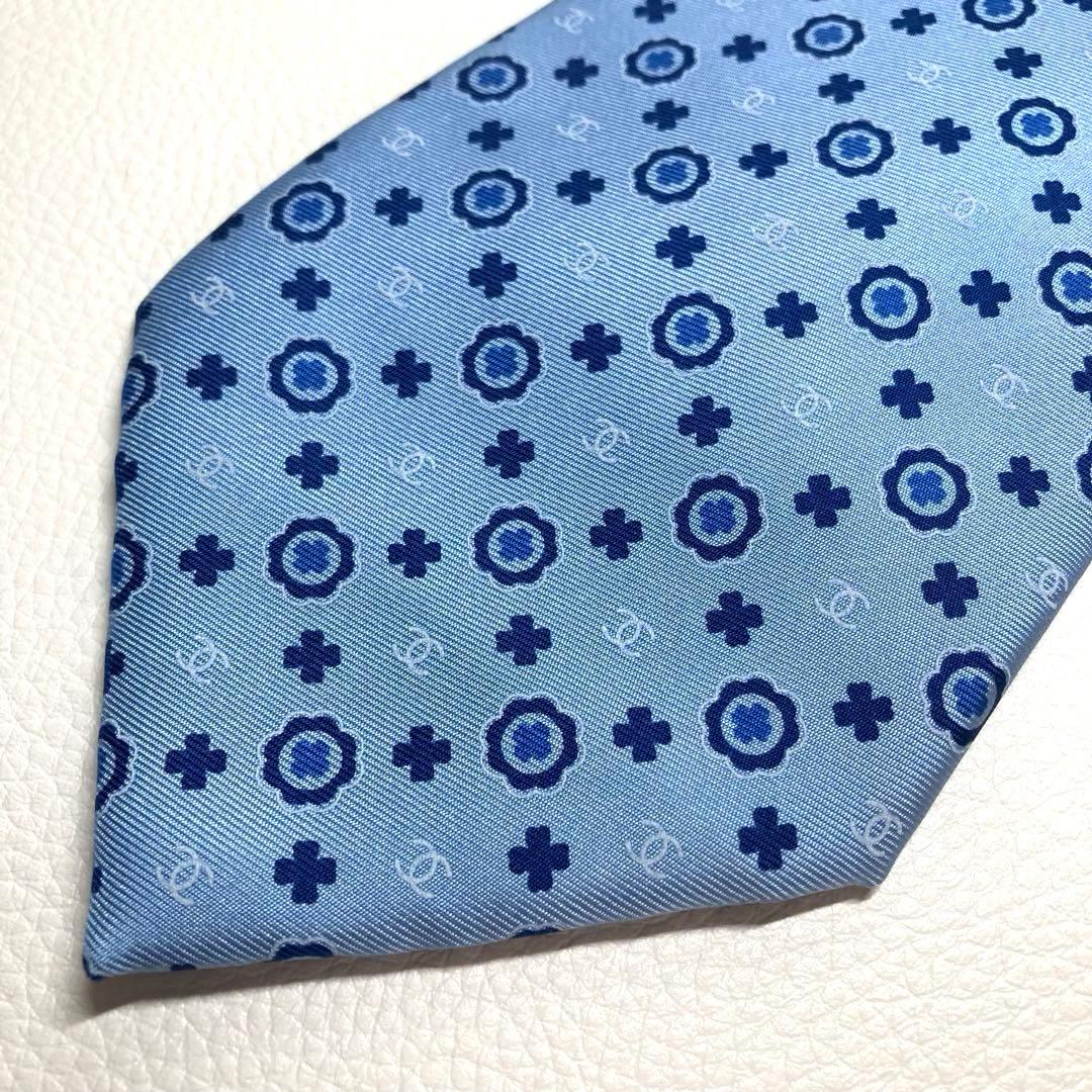 【極美品】CHANEL シャネル　ネクタイ　ライトブルー　ココマーク　サークル