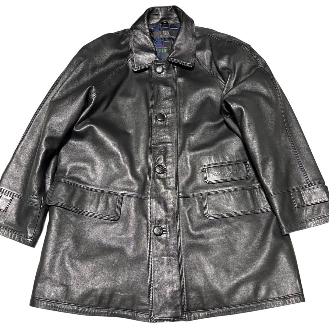 【PIERRE BALMAIN】ラムレザーロングコート 日本製 ファー 黒 L