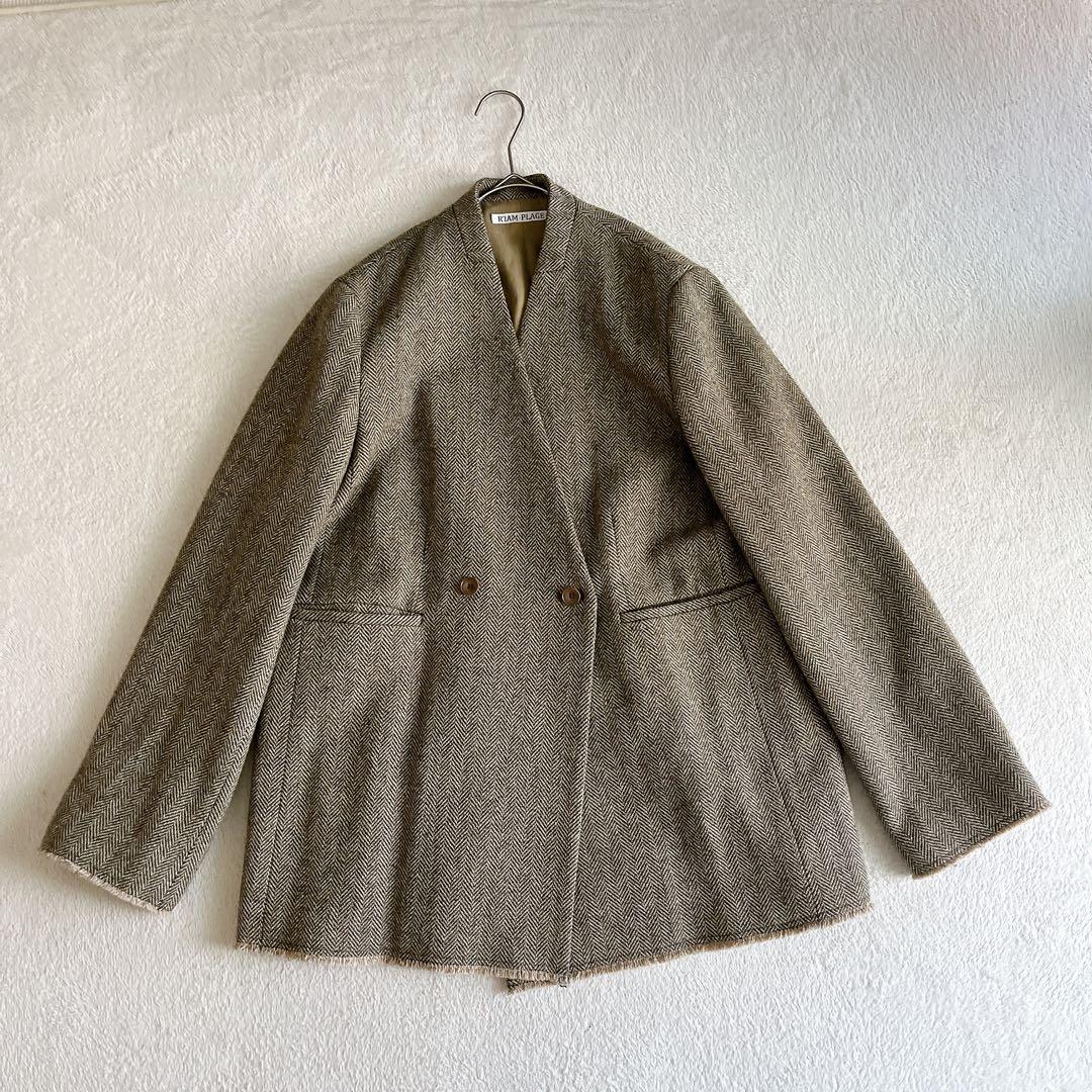 極美品☆RIAM PLAGE ヘリンボーン ノーカラージャケット ダブルブレスト