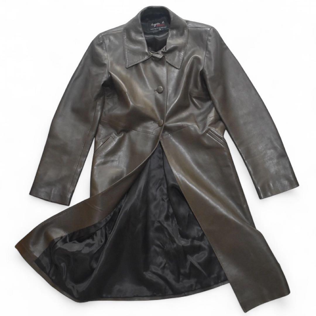agnes b SPECIAL フランス製 ラムレザー ロングコート オリーブ2