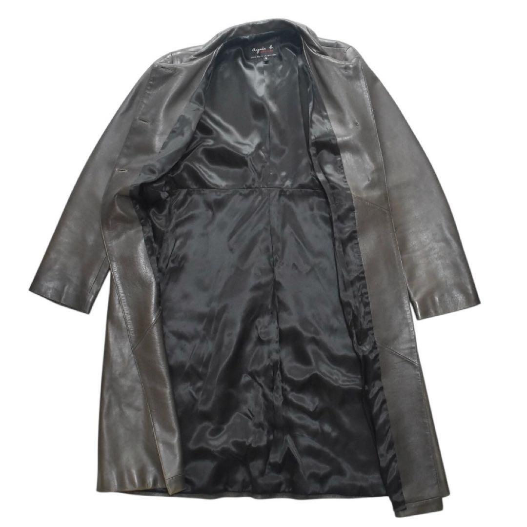 agnes b SPECIAL フランス製 ラムレザー ロングコート オリーブ2