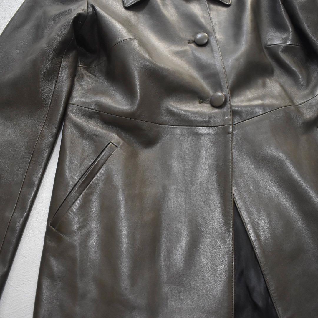 agnes b SPECIAL フランス製 ラムレザー ロングコート オリーブ2