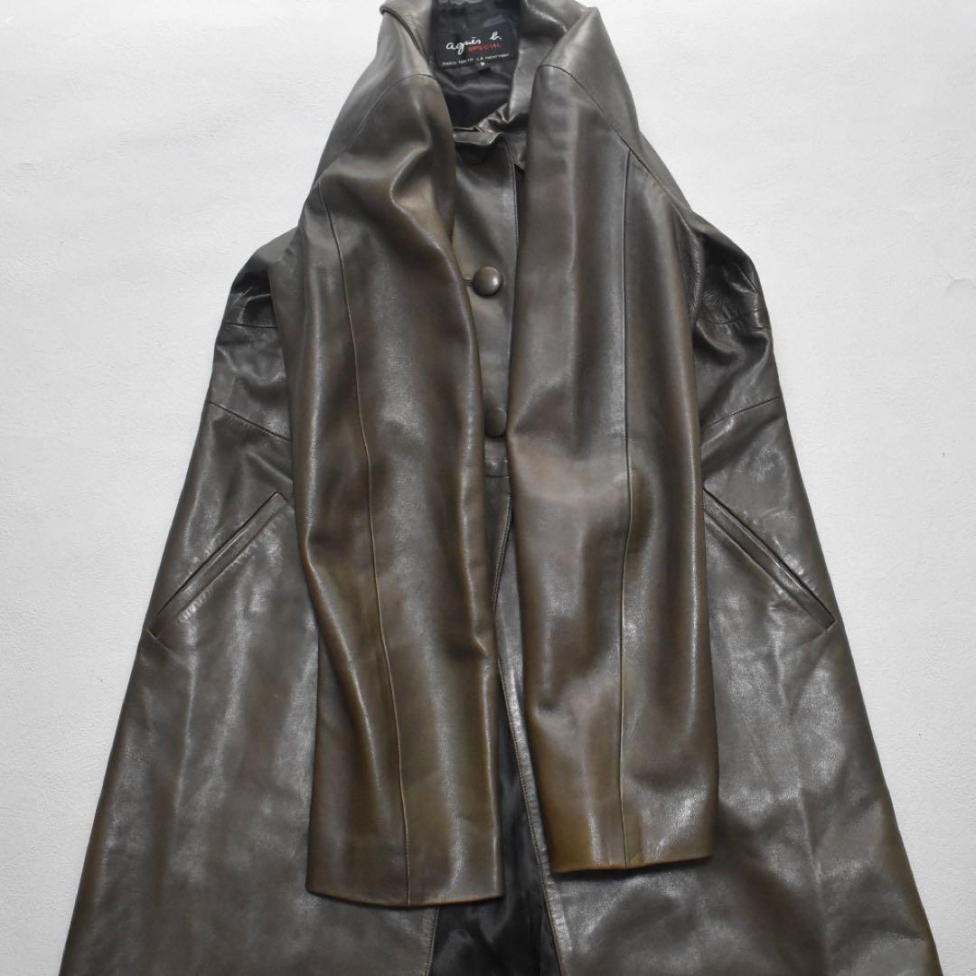 agnes b SPECIAL フランス製 ラムレザー ロングコート オリーブ2