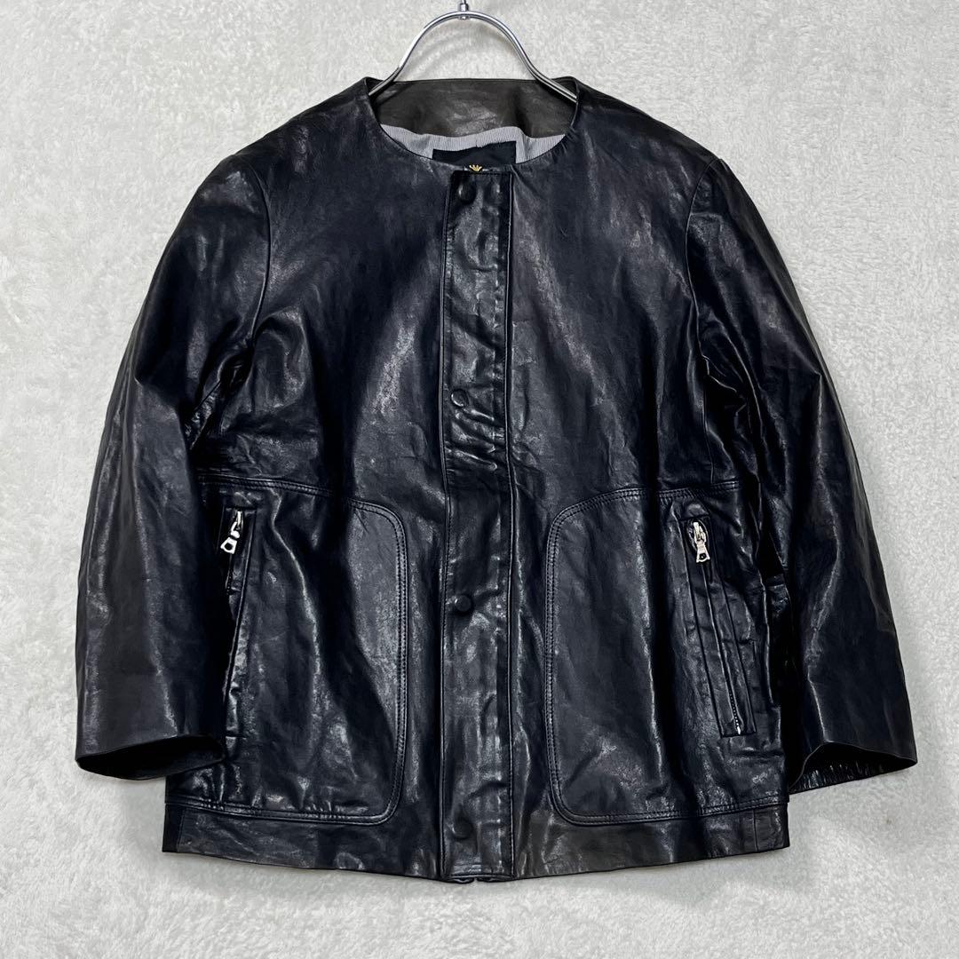 美品『ドゥロワー』ノーカラーレザージャケット 羊革 クロップド袖 ジップアップ