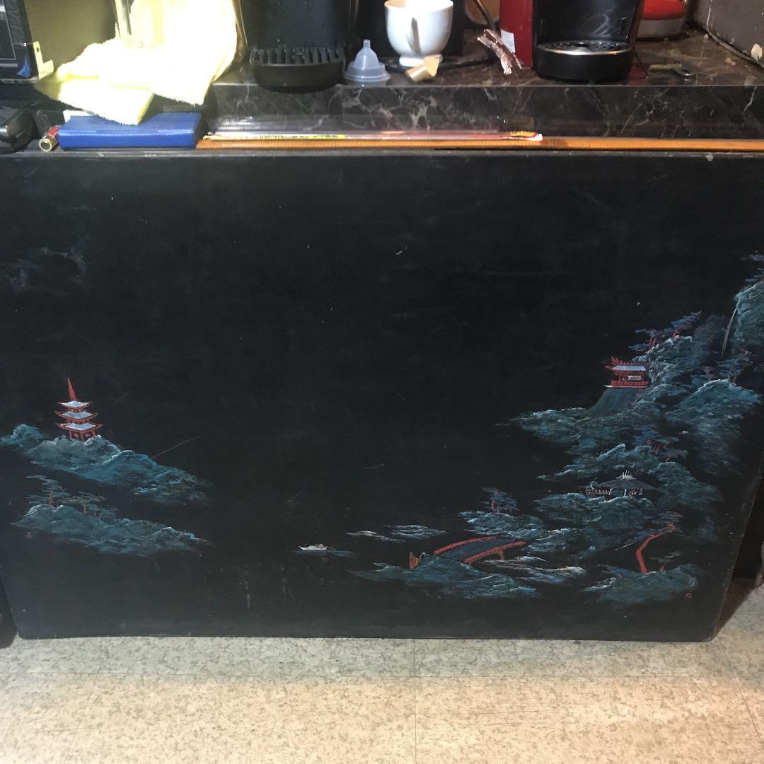 座卓、山水画の座卓、座卓に螺鈿絵画、螺鈿画、螺鈿水墨画、テーブルちゃぶ台、衝立