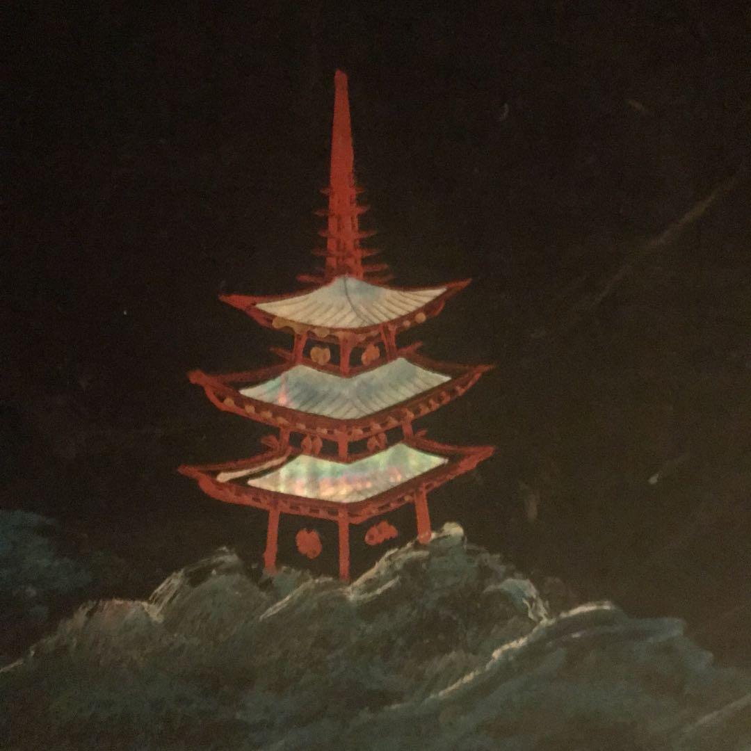 座卓、山水画の座卓、座卓に螺鈿絵画、螺鈿画、螺鈿水墨画、テーブルちゃぶ台、衝立