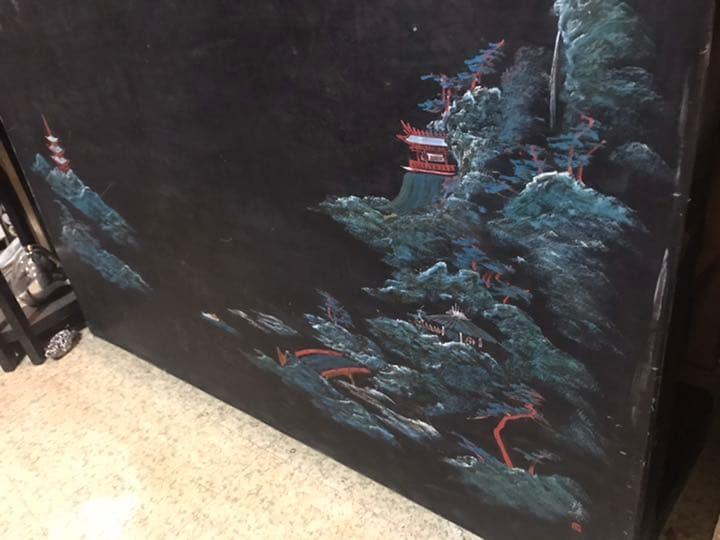 座卓、山水画の座卓、座卓に螺鈿絵画、螺鈿画、螺鈿水墨画、テーブルちゃぶ台、衝立