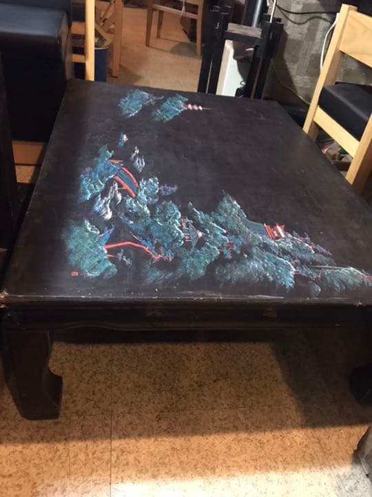 座卓、山水画の座卓、座卓に螺鈿絵画、螺鈿画、螺鈿水墨画、テーブルちゃぶ台、衝立