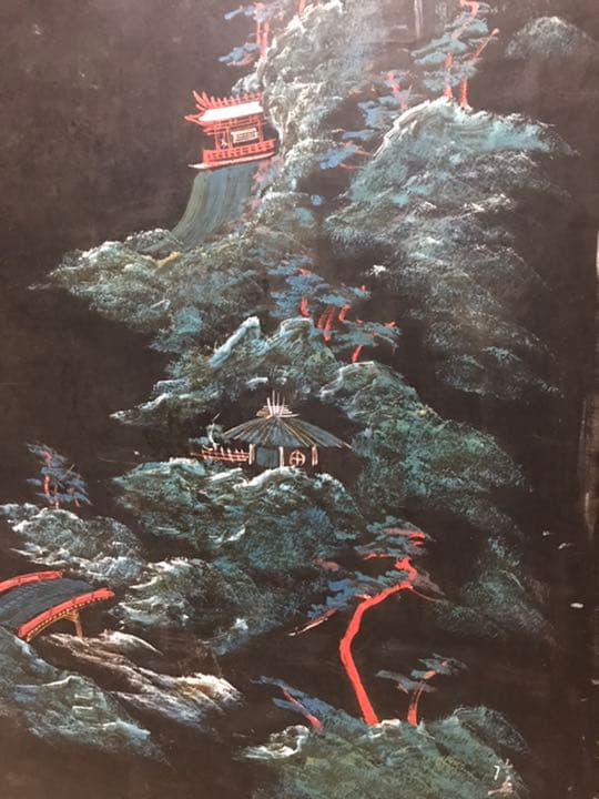 座卓、山水画の座卓、座卓に螺鈿絵画、螺鈿画、螺鈿水墨画、テーブルちゃぶ台、衝立