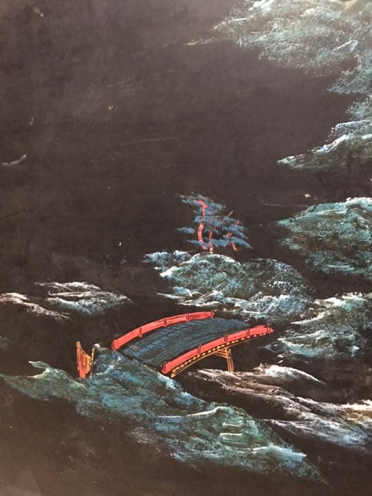座卓、山水画の座卓、座卓に螺鈿絵画、螺鈿画、螺鈿水墨画、テーブルちゃぶ台、衝立