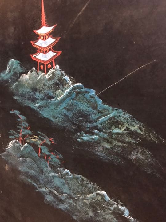 座卓、山水画の座卓、座卓に螺鈿絵画、螺鈿画、螺鈿水墨画、テーブルちゃぶ台、衝立