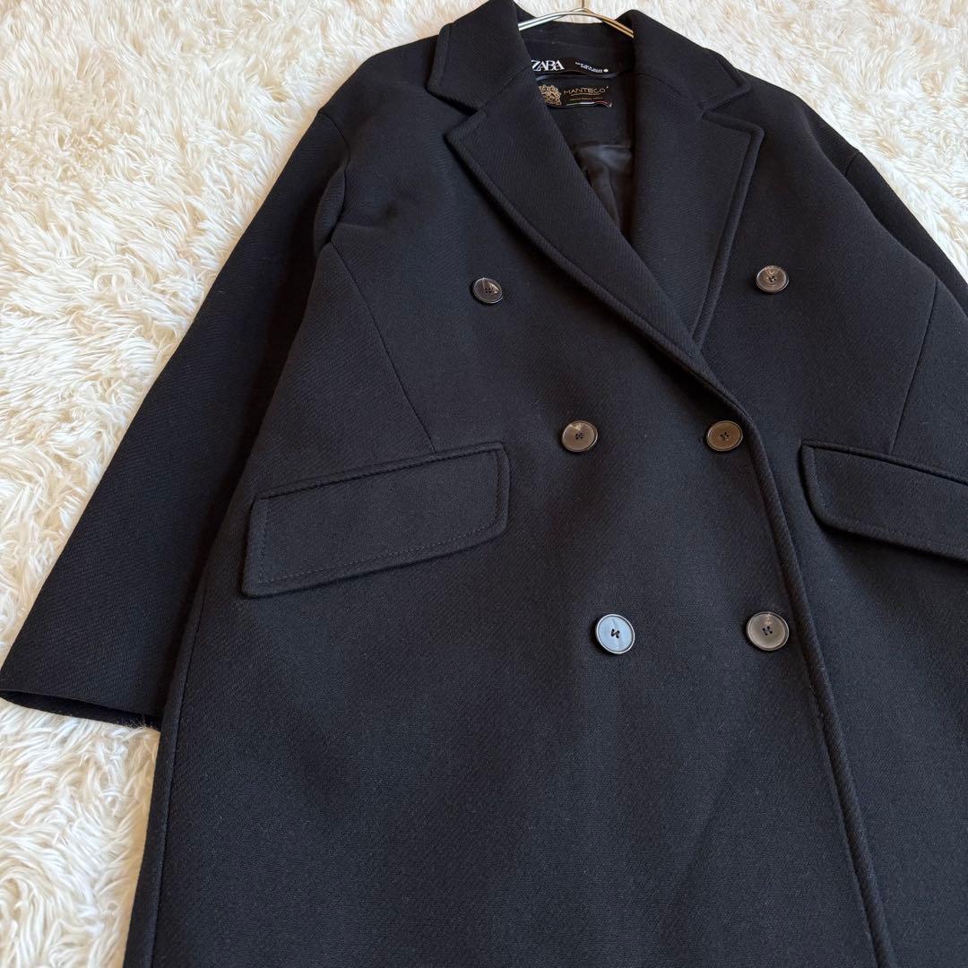 ZARA ザラ マンテコ ダブル チェスターコート ロング黒 M 通勤 高見え