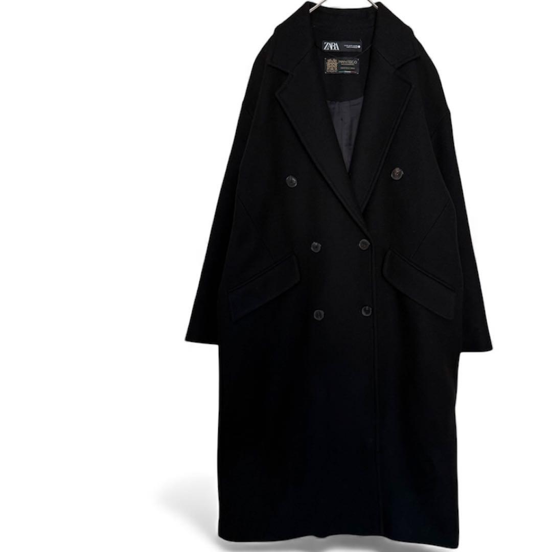 ZARA ザラ マンテコ ダブル チェスターコート ロング黒 M 通勤 高見え