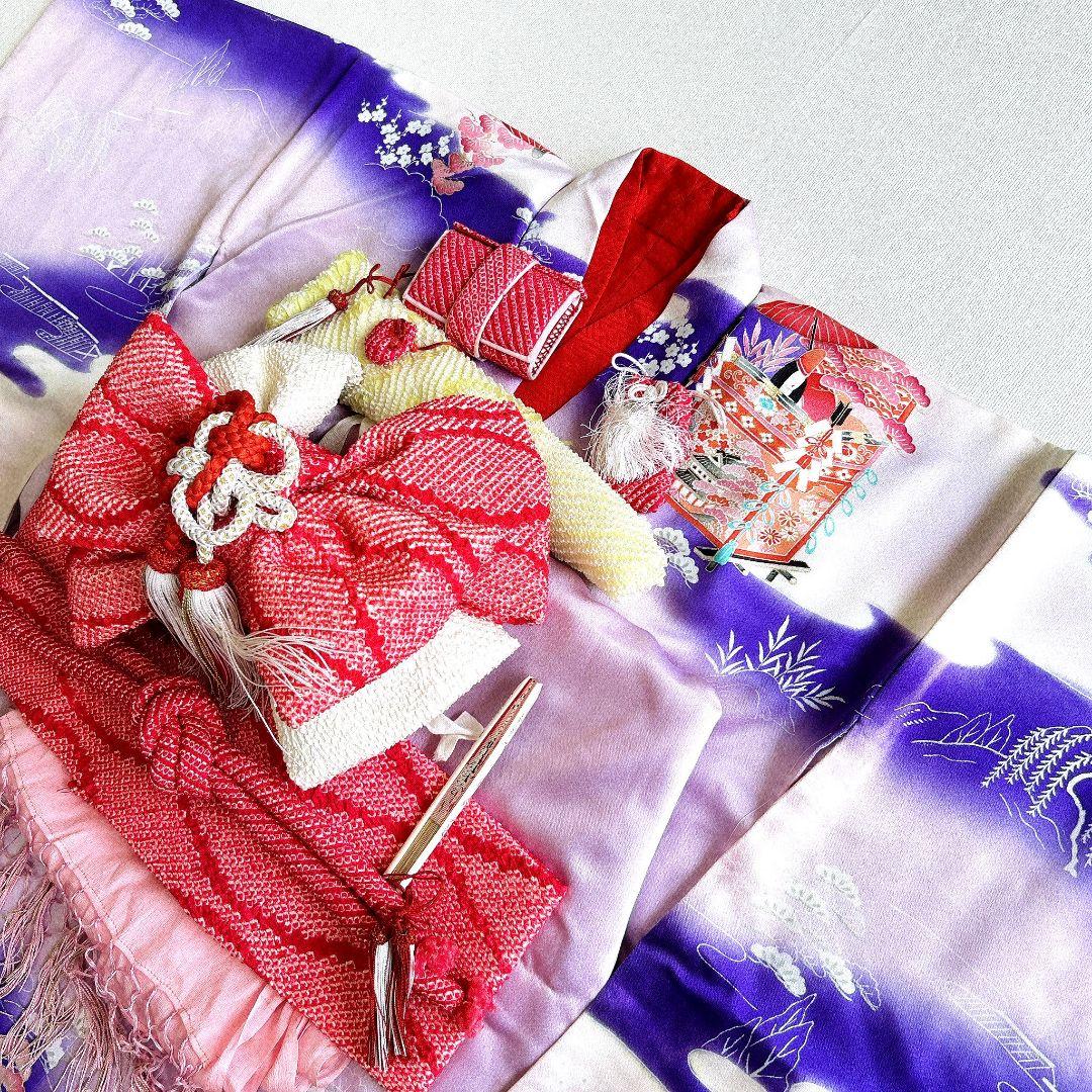 セット　七五三　7歳女の子　長着＆作り帯＆袖なし長襦袢＆小物　ラベンダー×紫葵祭