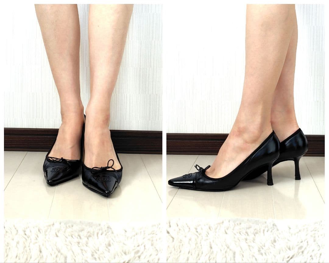 ✨️腕利き職人のリペア済✨️【シャネル】ココマーク♡リボン 切替え パンプス 黒