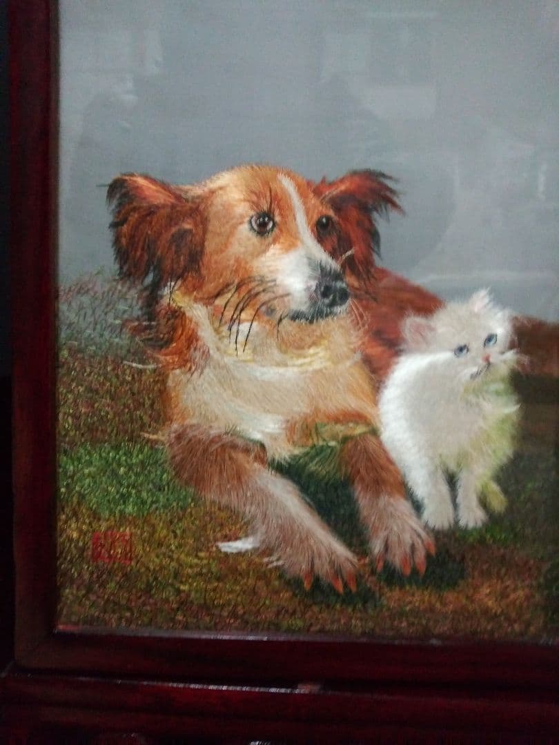 両面刺繍　縦長方形　犬と猫　中国工芸品　置物　NO.548