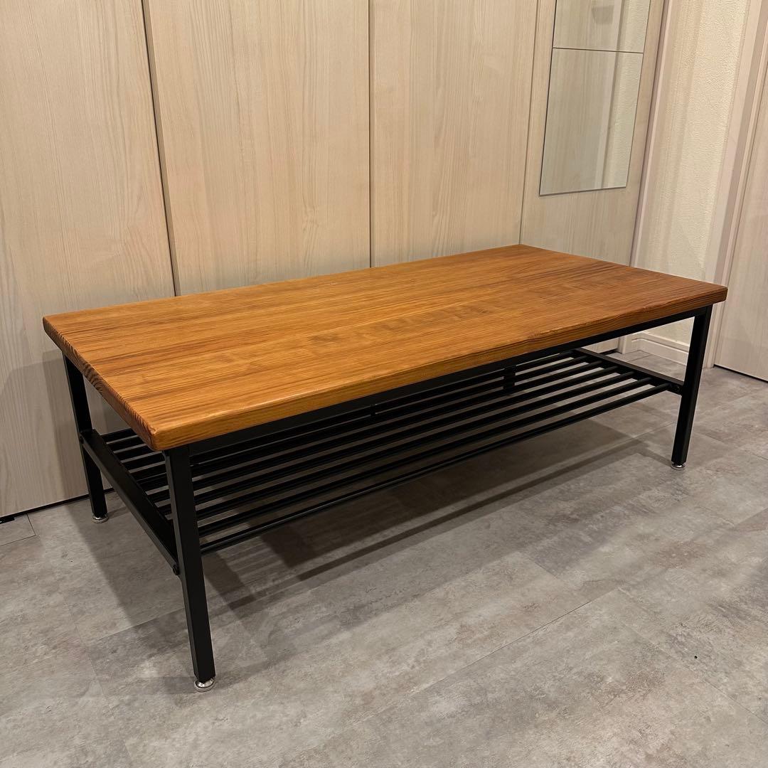 無垢材 センターテーブル 一枚板 棚付き インダストリアル ローテーブル