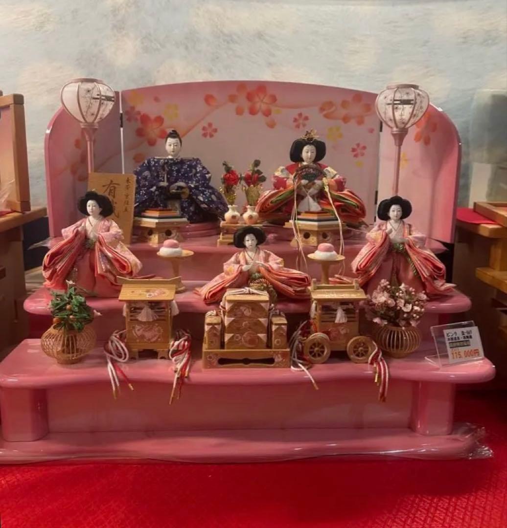 新品未使用 雛人形 五人飾り 三段飾り ピンク台 屏風付き 初節句 ひな祭り