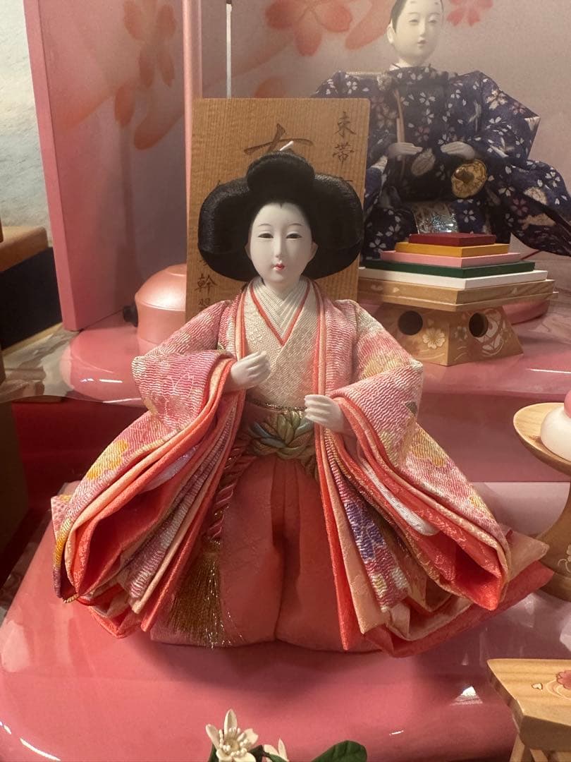 新品未使用 雛人形 五人飾り 三段飾り ピンク台 屏風付き 初節句 ひな祭り