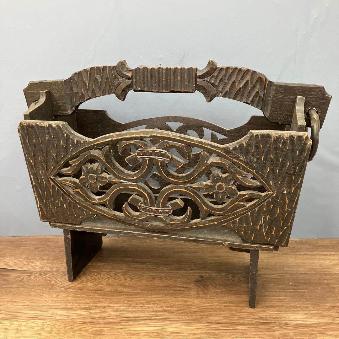 A-3 昭和レトロ アンティーク 木製 マガジンラック 民芸家具 彫刻