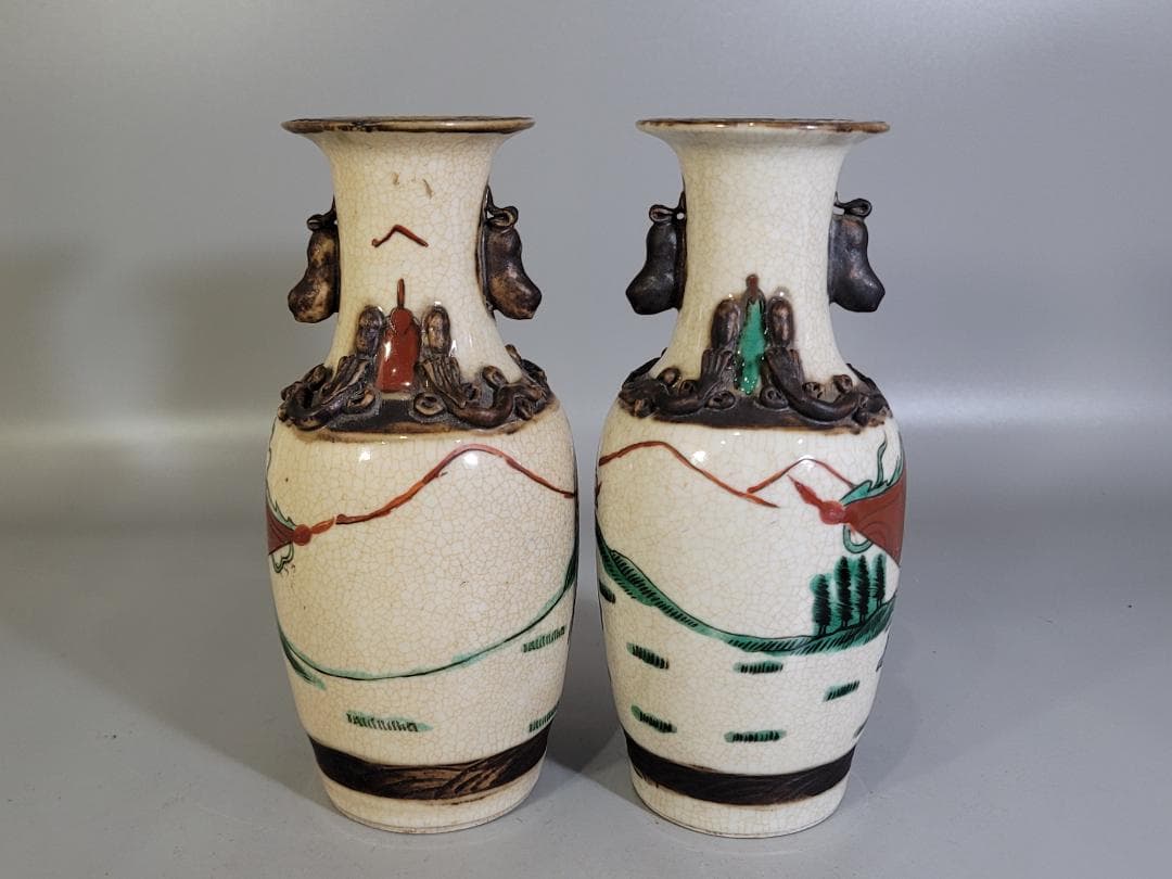 中国 色絵 人物 瓶 一対 台