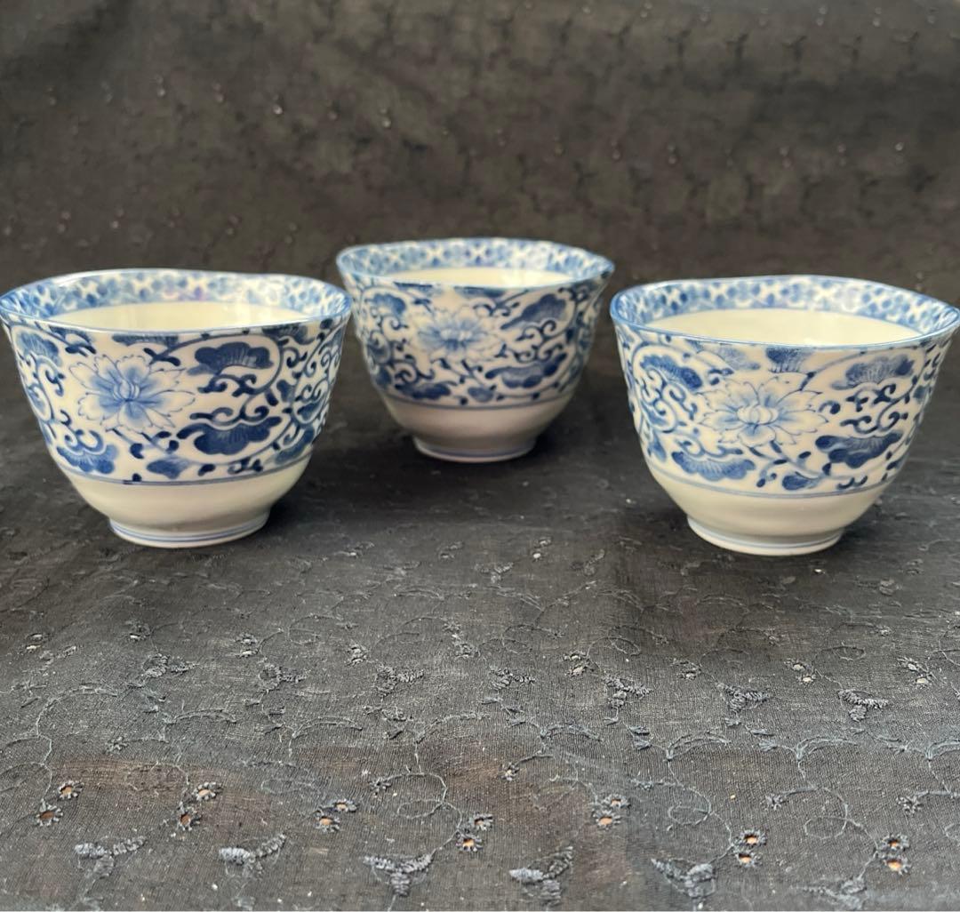 柿右衛門　染付花唐草　角福　渦福　小鉢　蕎麦猪口　3客組　蛸唐草