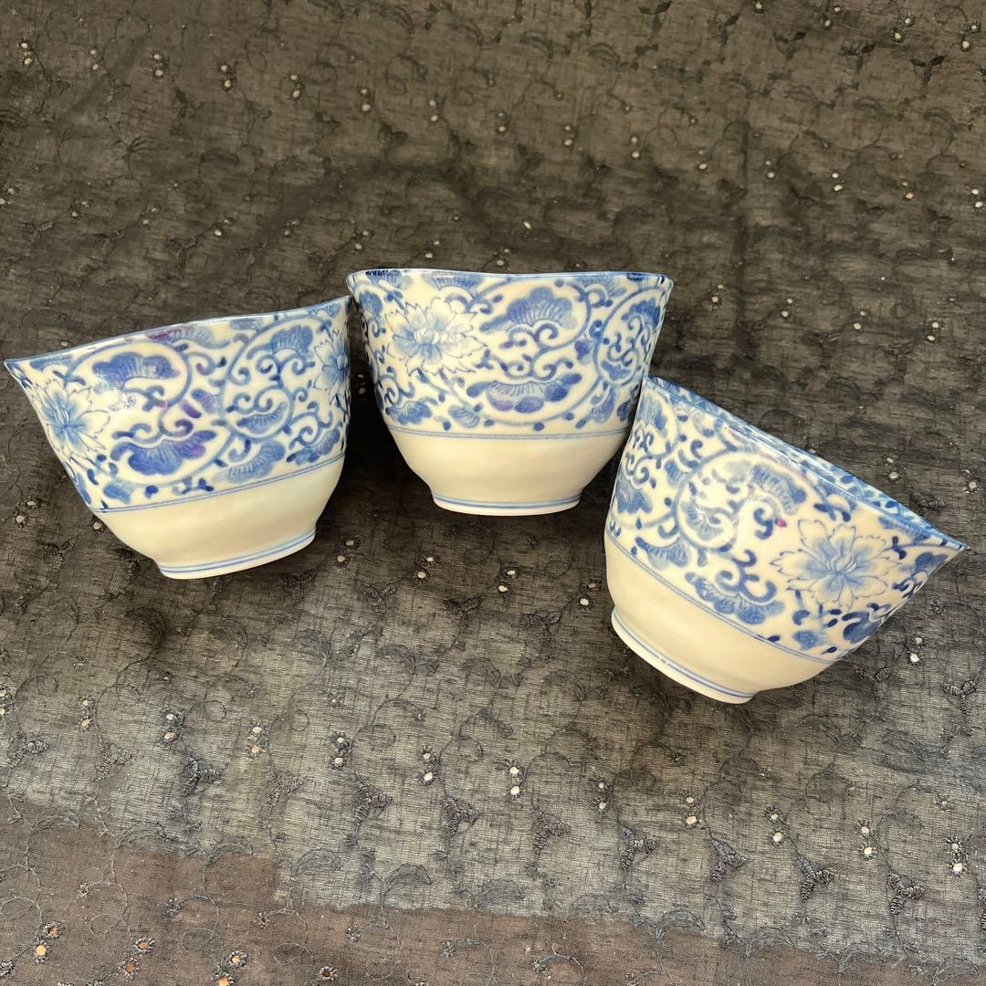 柿右衛門　染付花唐草　角福　渦福　小鉢　蕎麦猪口　3客組　蛸唐草