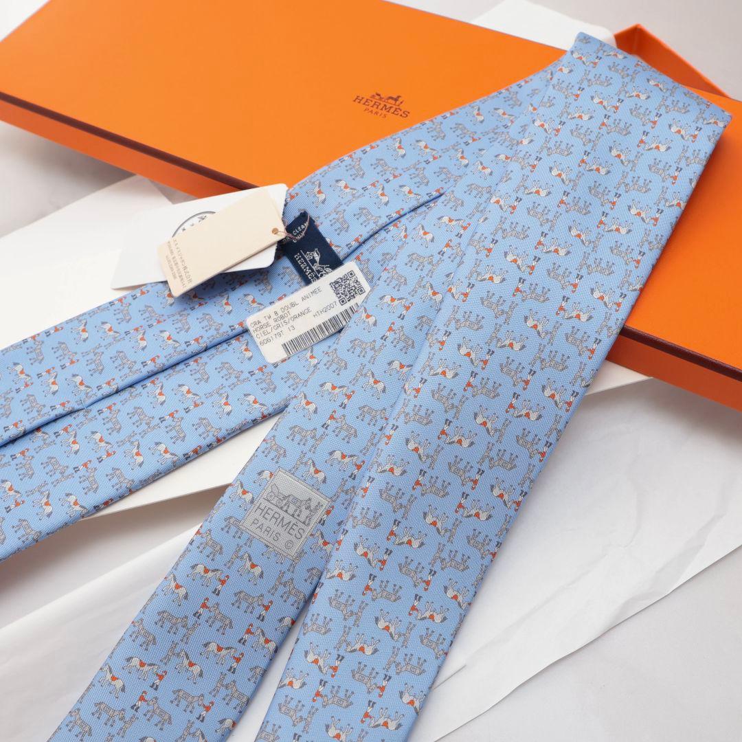 新品未使用 エルメス HERMES 馬柄 シルク ネクタイ 水色