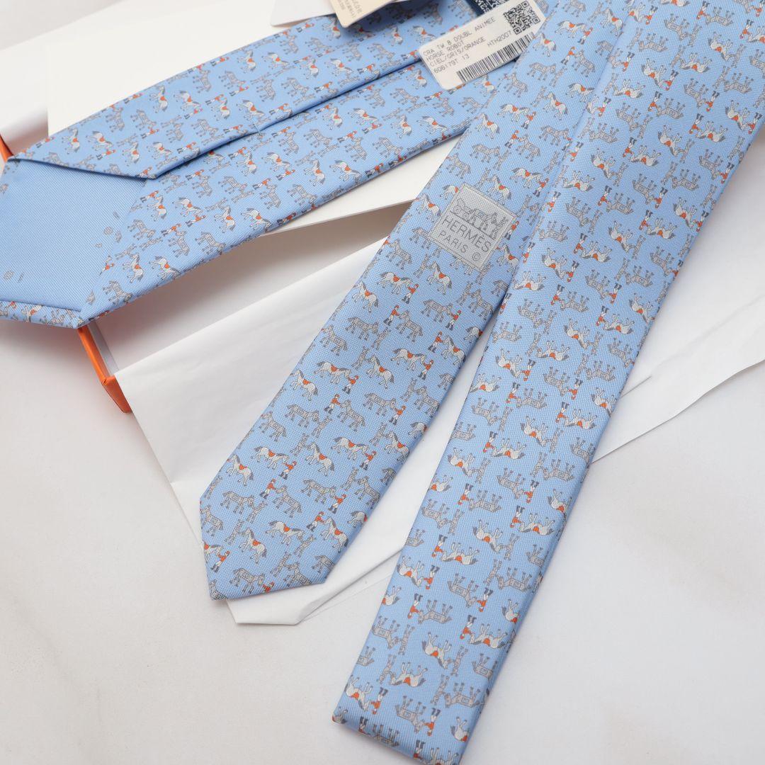 新品未使用 エルメス HERMES 馬柄 シルク ネクタイ 水色