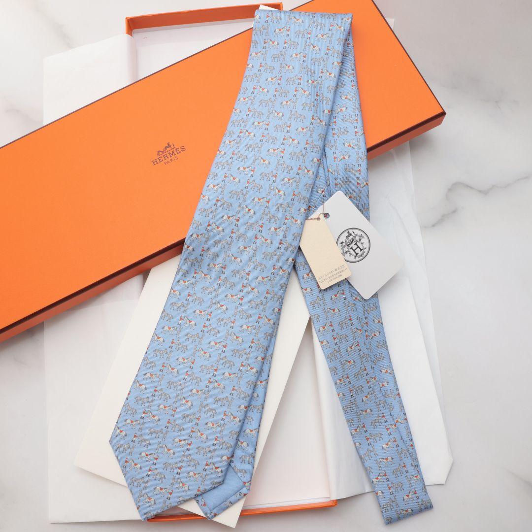 新品未使用 エルメス HERMES 馬柄 シルク ネクタイ 水色