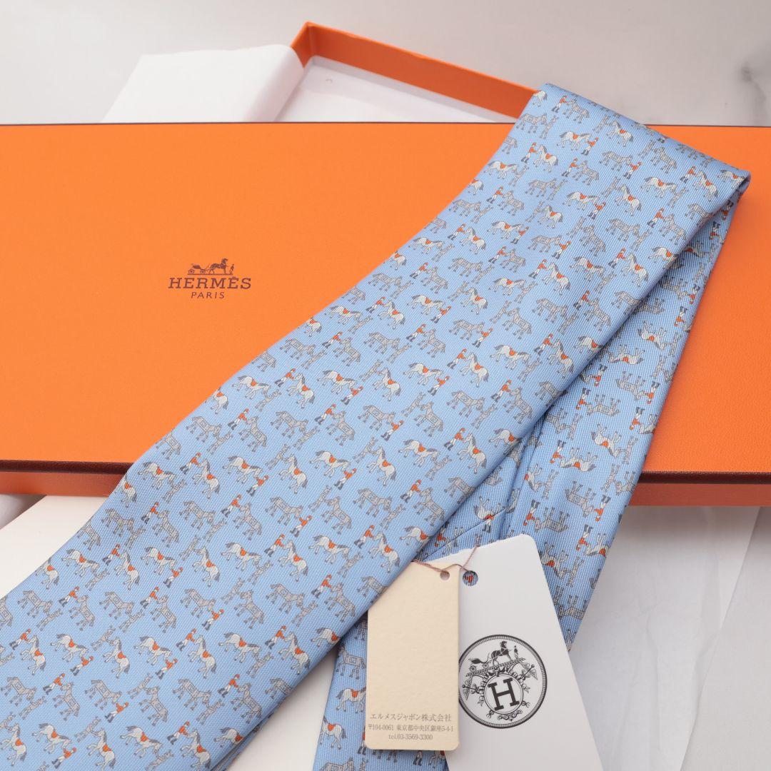 新品未使用 エルメス HERMES 馬柄 シルク ネクタイ 水色