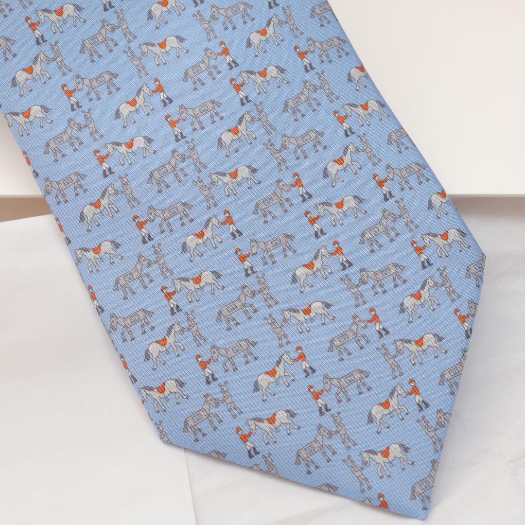 新品未使用 エルメス HERMES 馬柄 シルク ネクタイ 水色