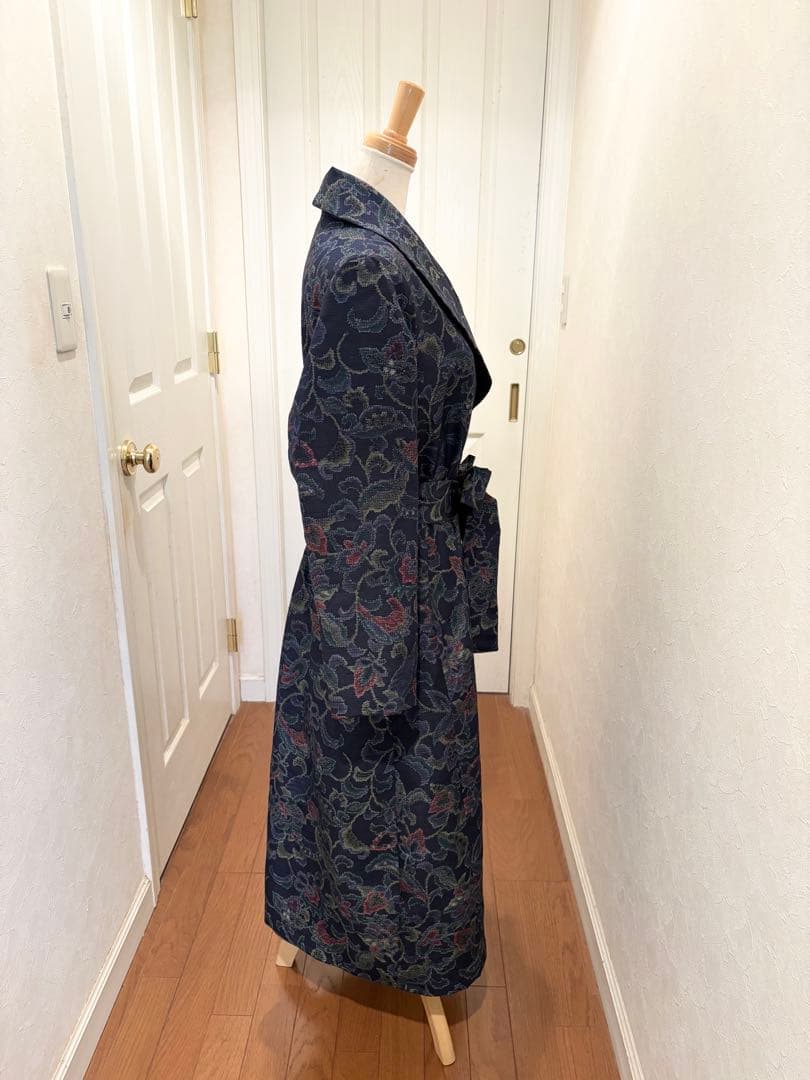 167 着物リメイク 正絹 紬 更紗花文 ロングコート リボン付