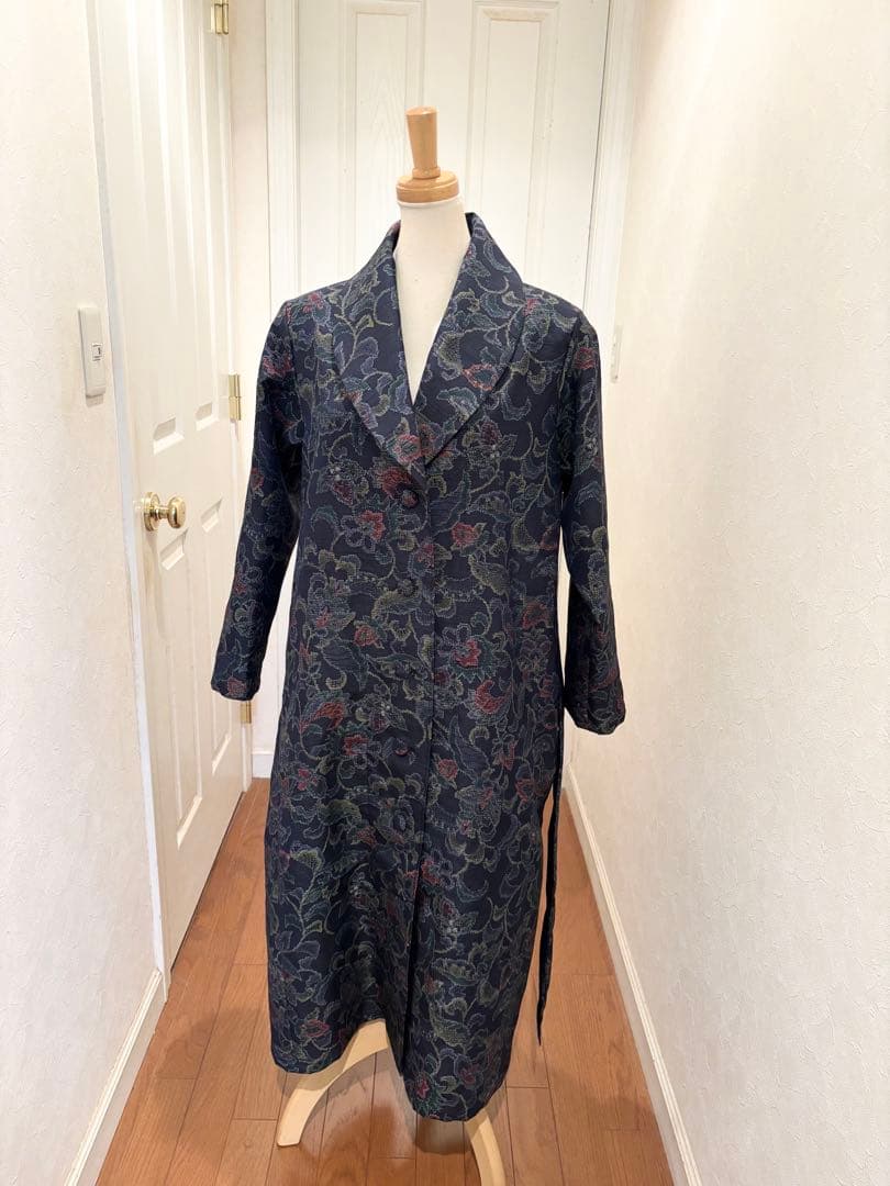 167 着物リメイク 正絹 紬 更紗花文 ロングコート リボン付