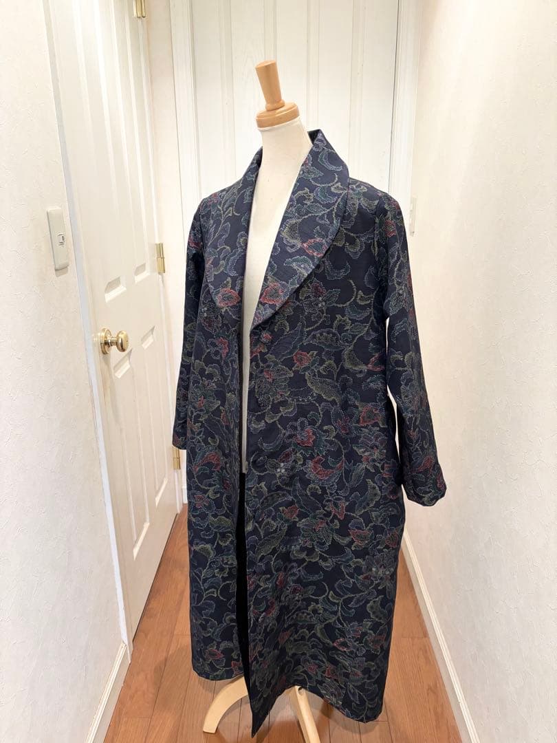 167 着物リメイク 正絹 紬 更紗花文 ロングコート リボン付