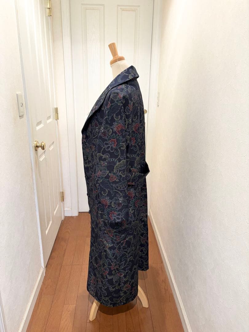 167 着物リメイク 正絹 紬 更紗花文 ロングコート リボン付