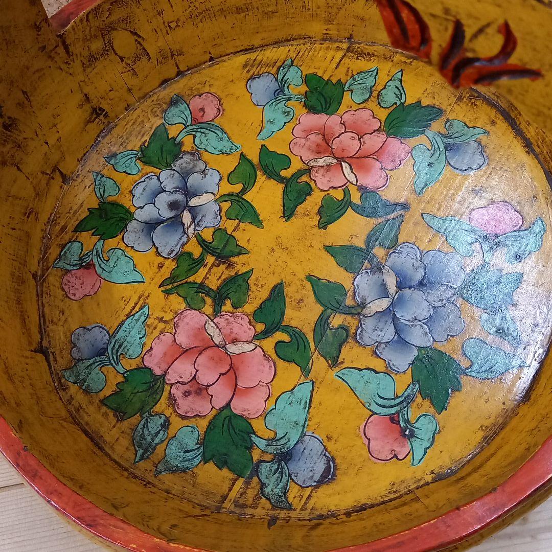 アンティーク　木製　手桶　黄色