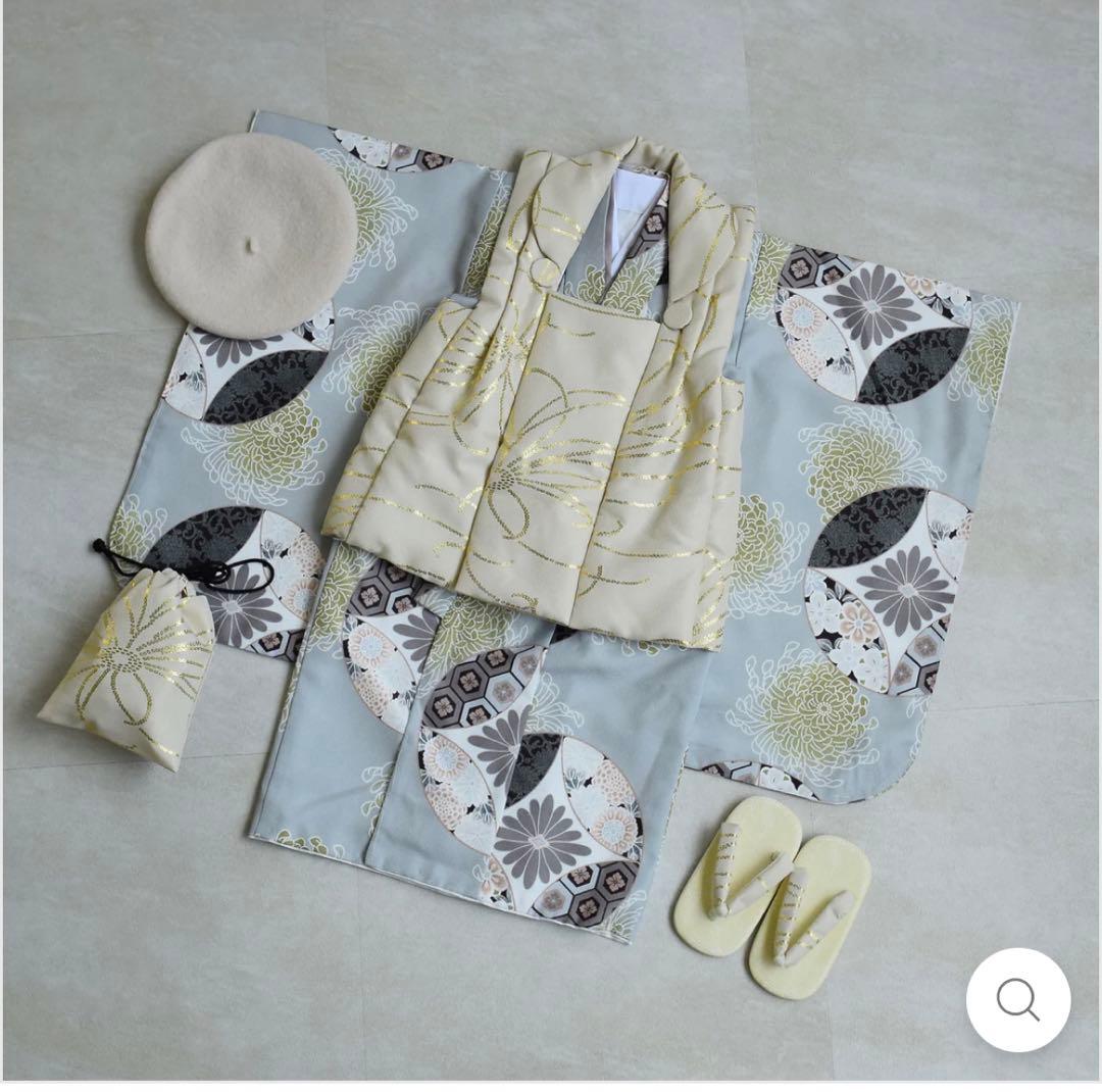 ひよこ商店　七五三着物 3歳男の子 被布セット ベージュ金彩×ミント七宝