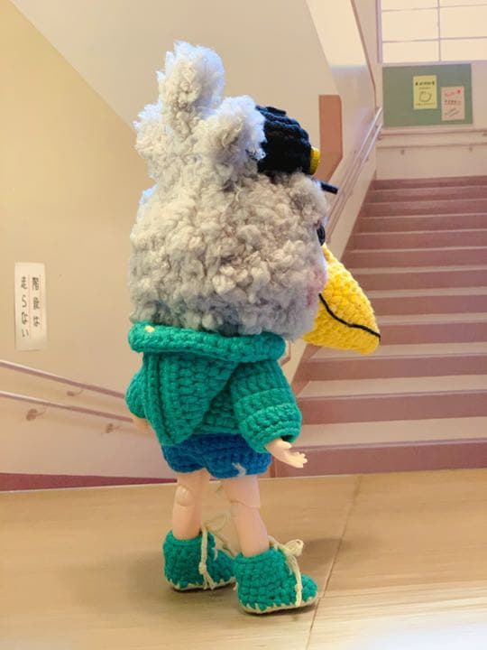 創作ドール　可動式ボディ　ハシビロコウ　編みぐるみ　人形