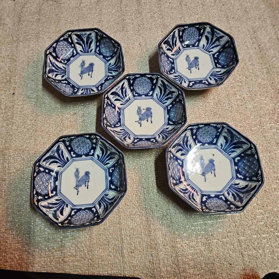 江戸後期 古伊万里 染付八角麒麟鉢 5客
